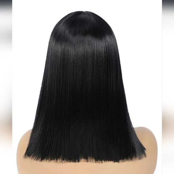 Morvally Short Straight Black Wig with Bangs Natural Looking Heat Resistant Hair - Picture 2 of 6